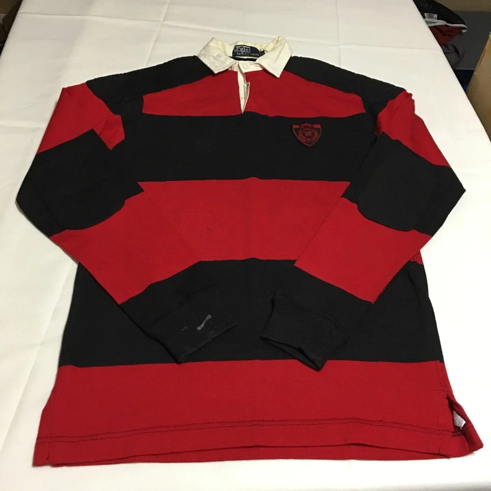 Polo Ralph Lauren Rugby Shirt Mens Medium Red Black Striped Elbow Patch